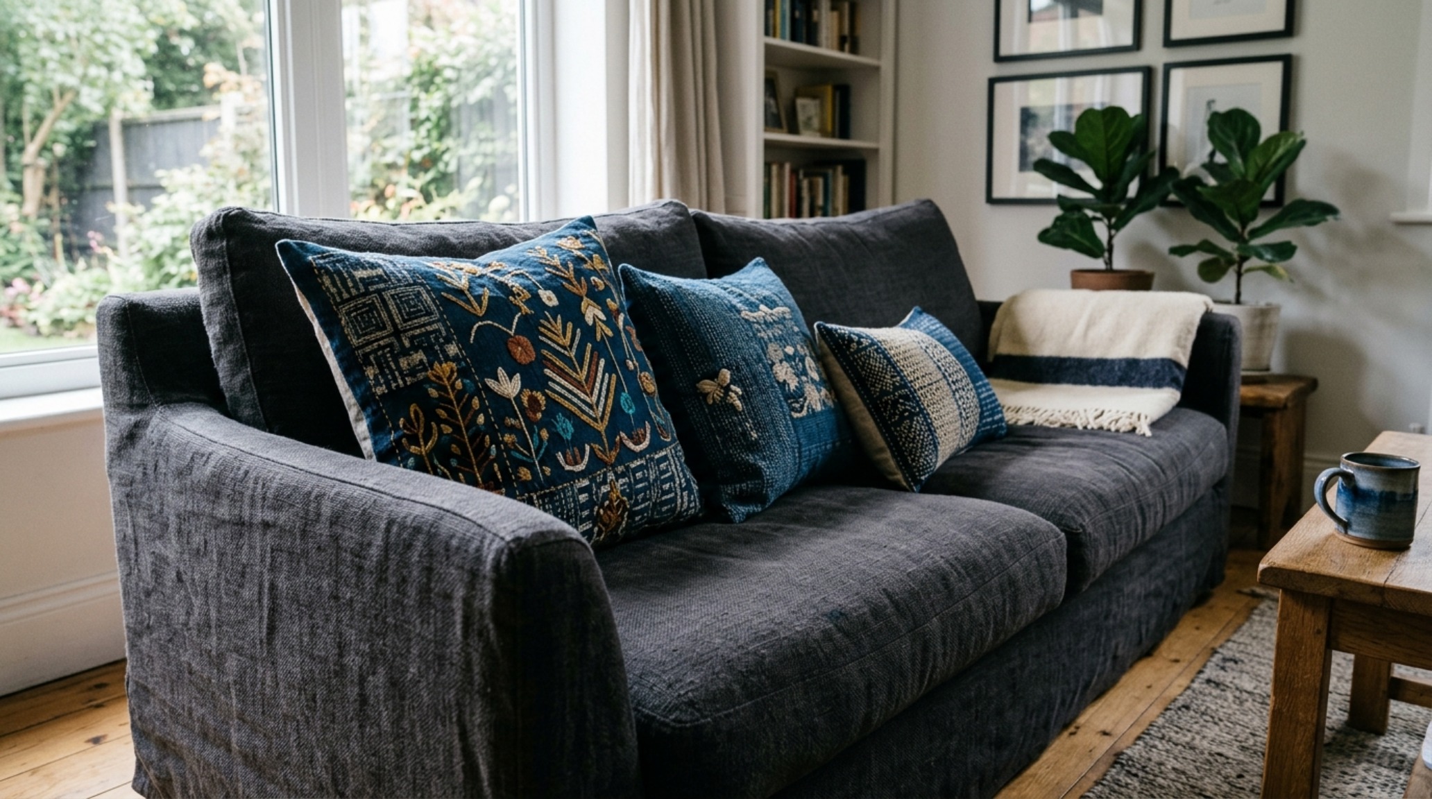 Artisan handcrafted pillow covers with intricate embroidery and organic dyes resting on a fluted white oak furniture piece. Artisan handcrafted pillow covers with intricate embroidery and organic dyes resting on a fluted white oak furniture piece.
