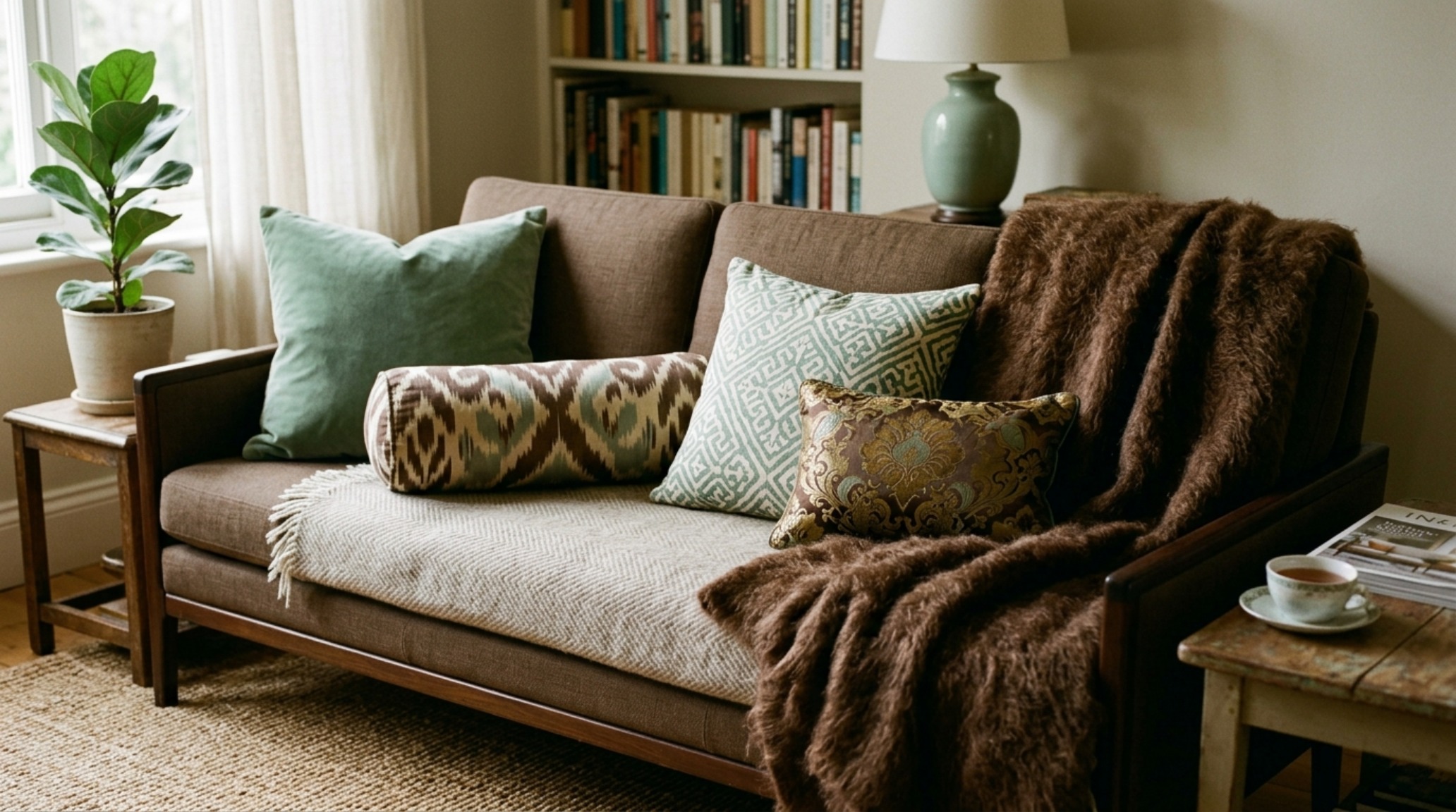 Mixing patterns on sofa using heritage prints and heavyweight linens to create a sophisticated Quiet Luxury aesthetic. Mixing patterns on sofa using heritage prints and heavyweight linens to create a sophisticated Quiet Luxury aesthetic.