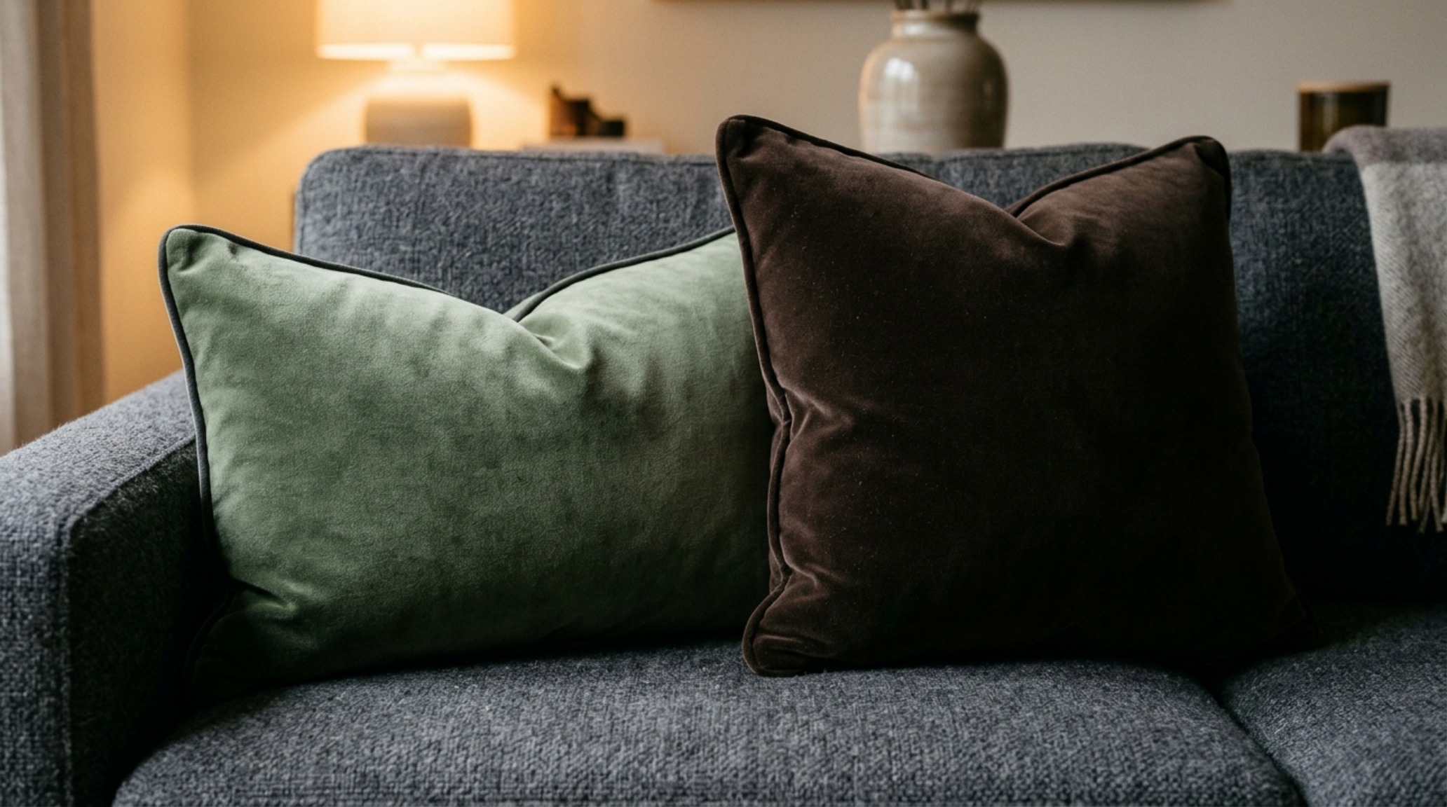 Performance velvet throw pillows in deep celadon and earth browns layered on a contemporary grey sofa with a matte finish. Performance velvet throw pillows in deep celadon and earth browns layered on a contemporary grey sofa with a matte finish.