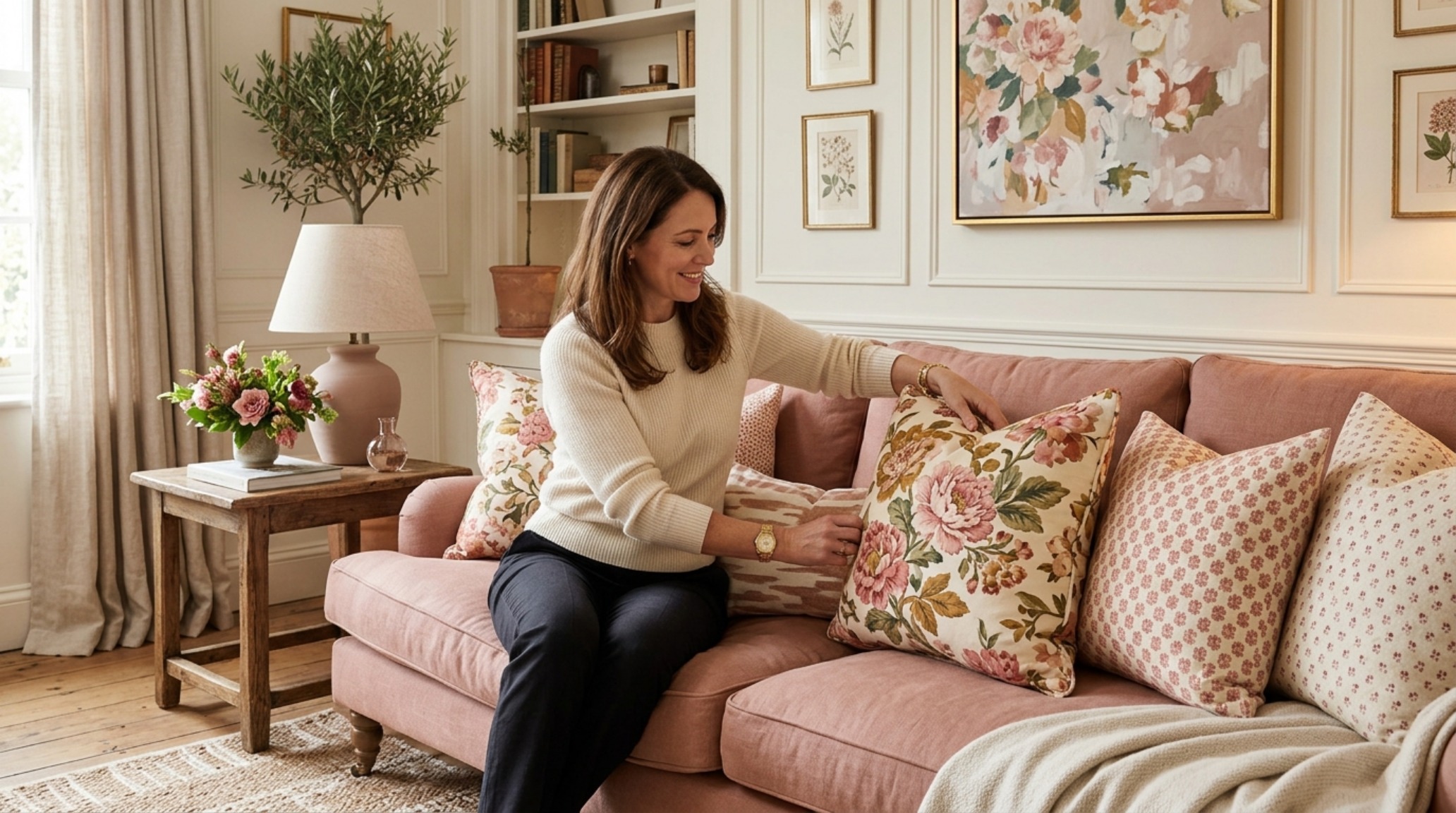 Mixing patterns on sofa using a botanical print and a micro-stripe in a neutral palette of warm alabaster and slate charcoal. Mixing patterns on sofa using a botanical print and a micro-stripe in a neutral palette of warm alabaster and slate charcoal.
