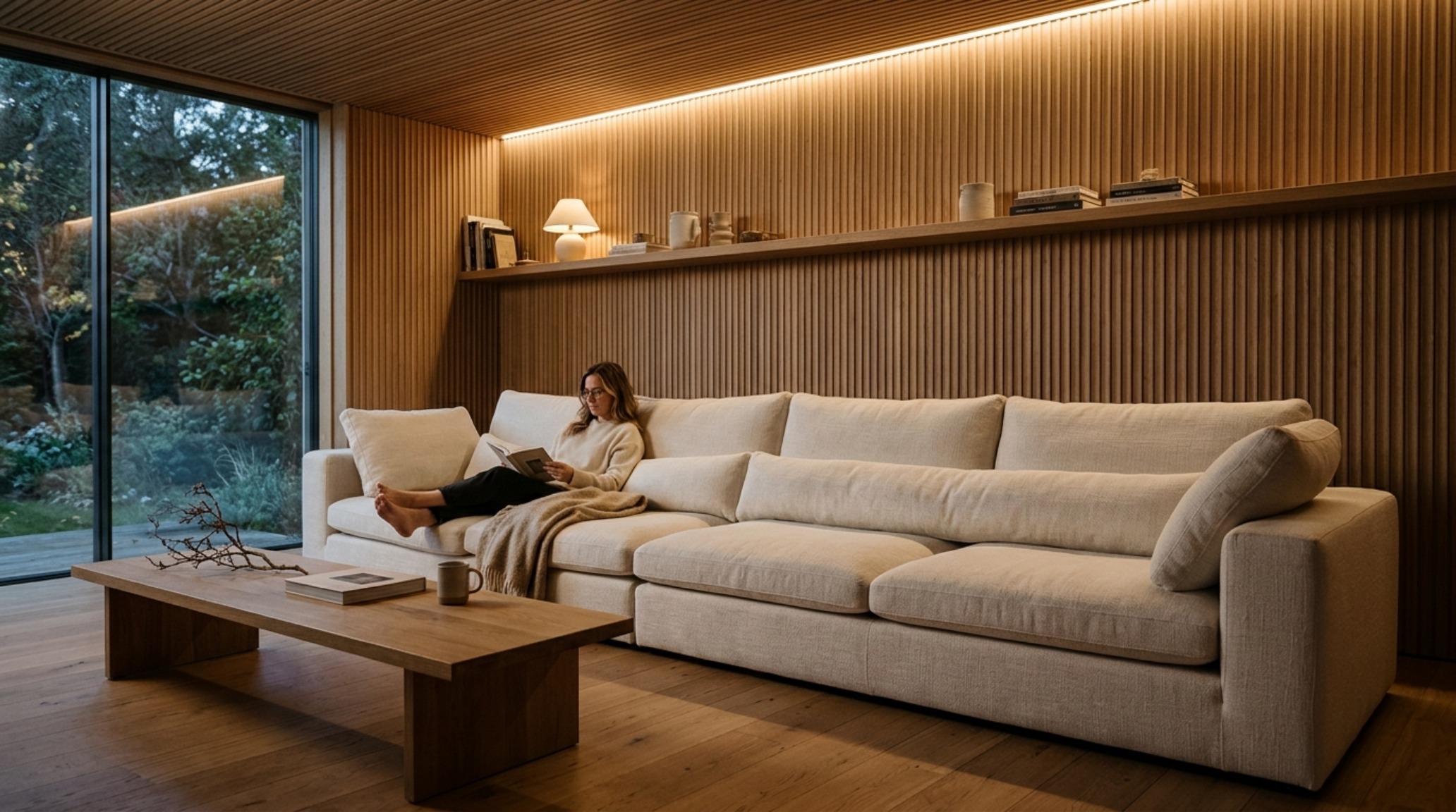 Lumbar support for deep couches using an extra-long bouclé pillow to provide ergonomic comfort and visual horizontal flow. Lumbar support for deep couches using an extra-long bouclé pillow to provide ergonomic comfort and visual horizontal flow.