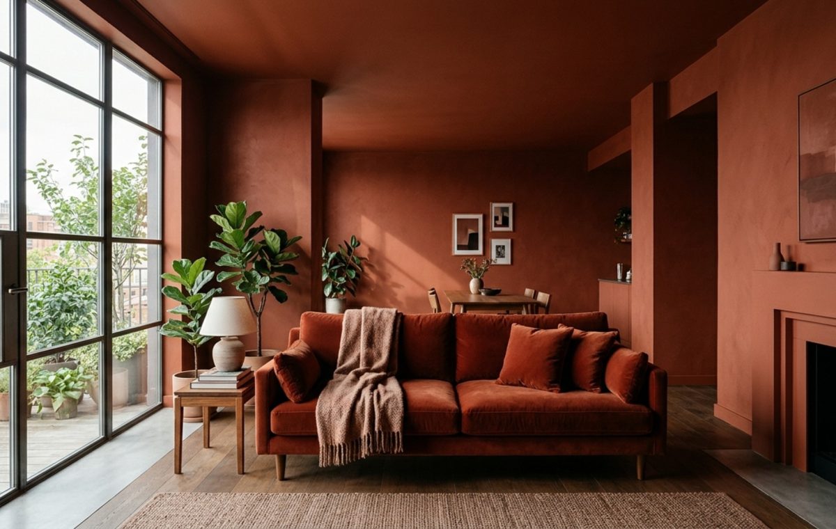 contemporary color drenching for apartments featuring deep terracotta walls and a matching velvet sofa for a seamless monochromatic look