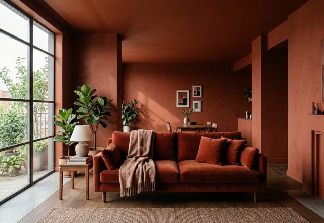 contemporary color drenching for apartments featuring deep terracotta walls and a matching velvet sofa for a seamless monochromatic look