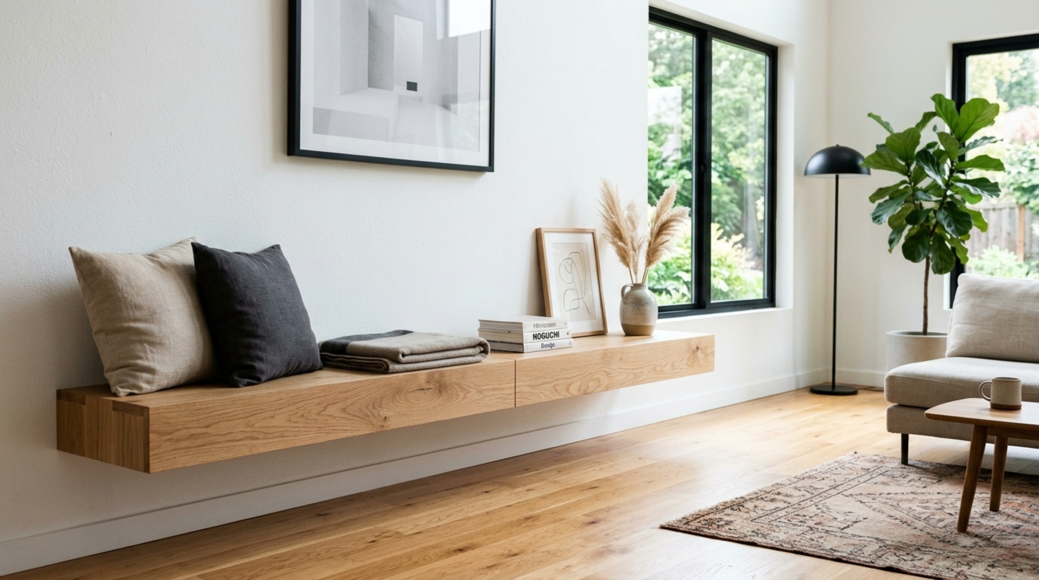 floating furniture for modern living rooms with a slim-profile wall-desk and a light oak floating bench for a streamlined aesthetic
