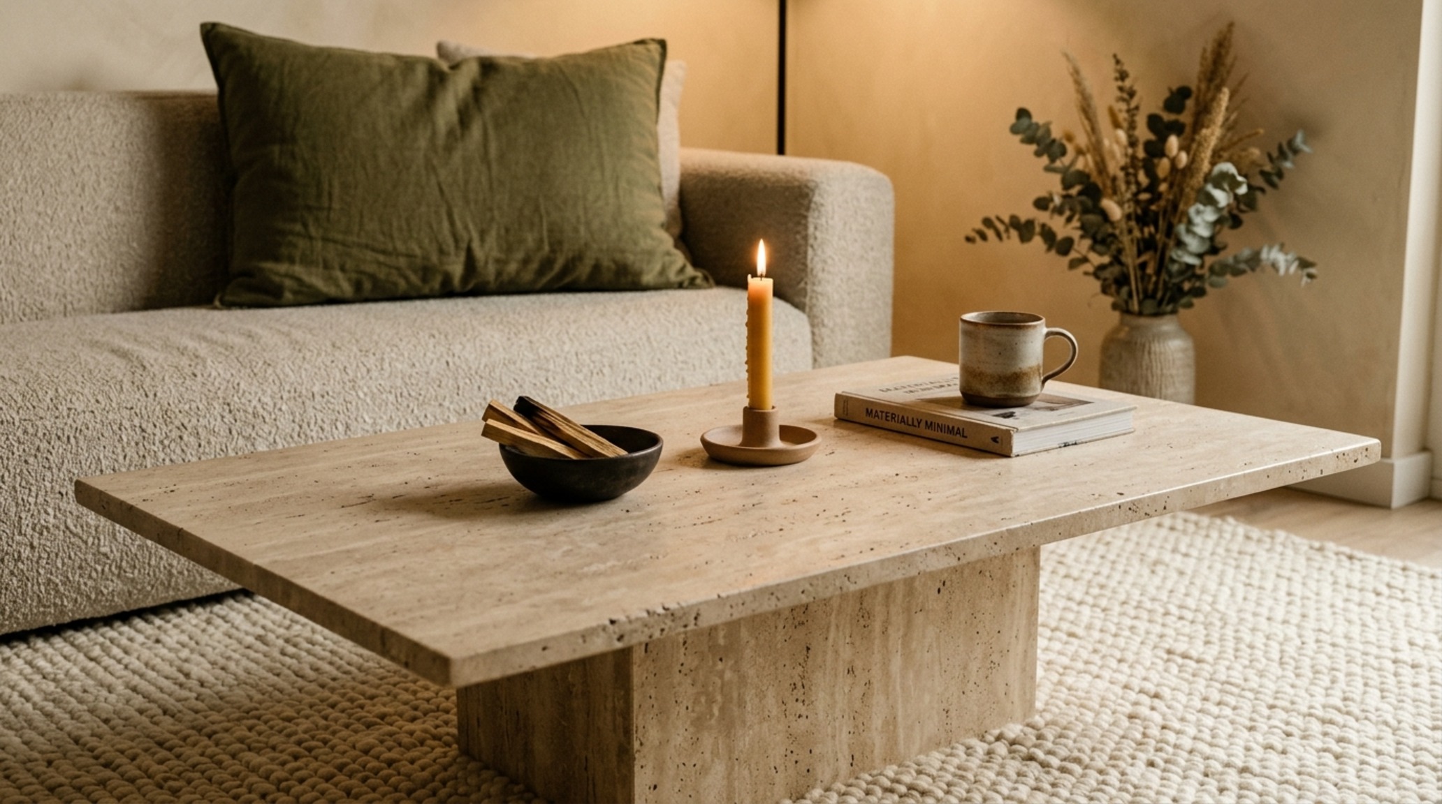 warm minimalism living room trends 2026 highlighting a honed travertine coffee table on a thick wool rug with olive green accents