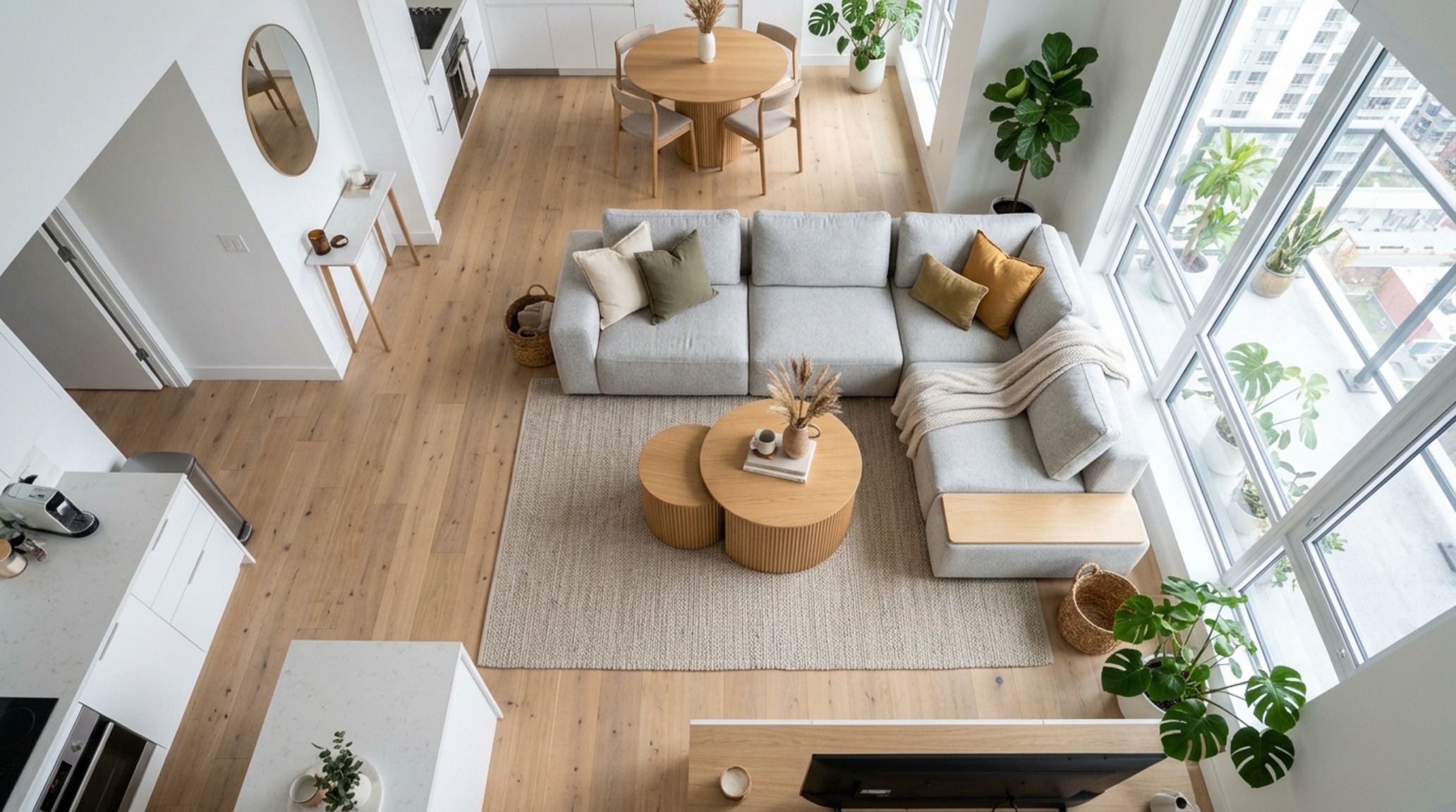 multi-functional contemporary furniture layouts with a low-slung modular sectional and nested fluted wood side tables in a compact space