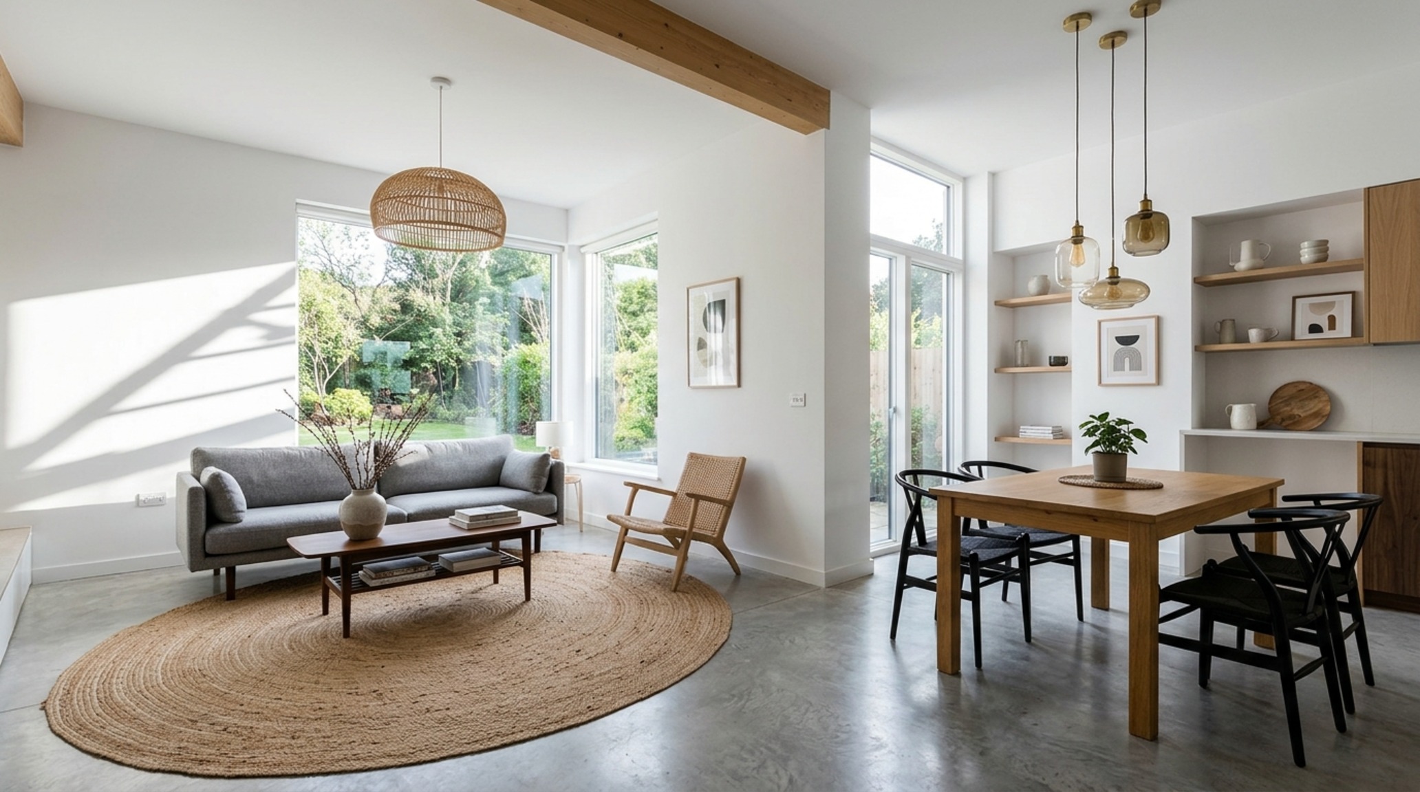 small open plan contemporary design with a large area rug and strategic furniture placement to zone the living and dining areas