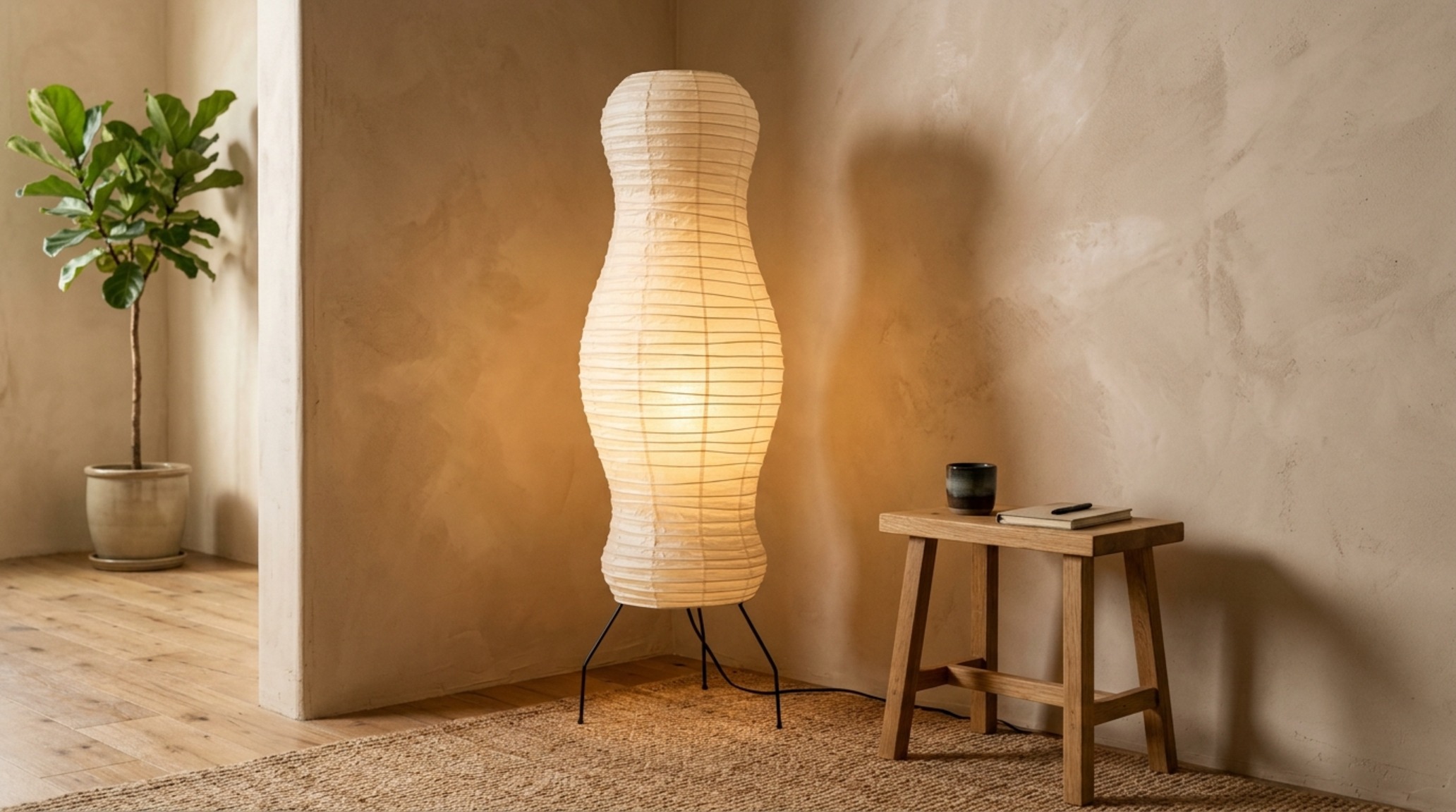 sculptural lighting for small spaces with an iconic Akari paper lamp providing soft diffused glow in a textural living room corner