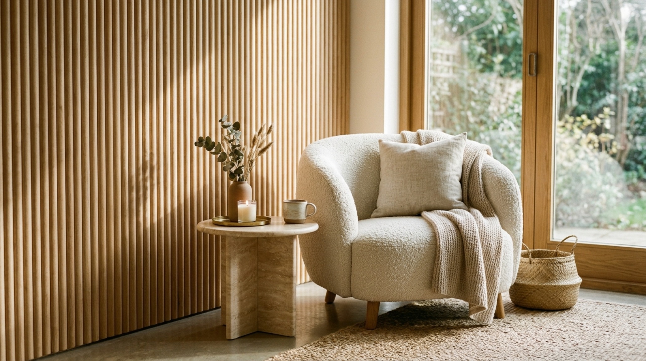 warm minimalism living room trends 2026 showing fluted oak wall panels and a bouclé armchair with organic curved lines