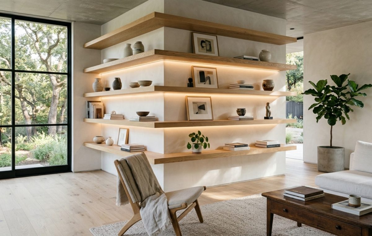 A wide-angle editorial shot of a living room featuring floor-to-ceiling white oak floating shelves with integrated LED lighting, highlighting the balance of Bookshelf Wealth and Quiet Luxury.