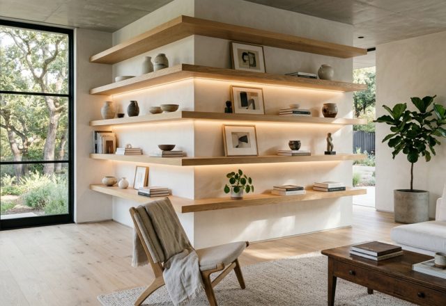 A wide-angle editorial shot of a living room featuring floor-to-ceiling white oak floating shelves with integrated LED lighting, highlighting the balance of Bookshelf Wealth and Quiet Luxury.