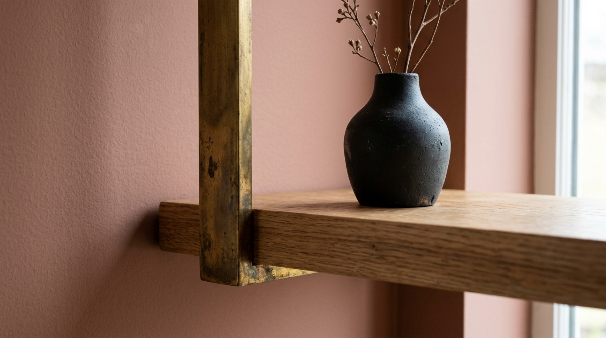 Detail of a fluted white oak shelf set against a Farrow & Ball Dead Salmon wall, featuring an aged brass space divider and a single ceramic vessel in soft afternoon light.