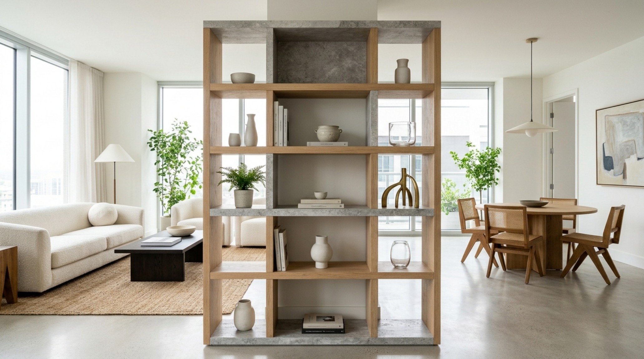 Architectural view of a minimalist room divider shelving unit using honed travertine vertical supports and chunky wood shelves to create spatial zoning in an open-plan lounge.