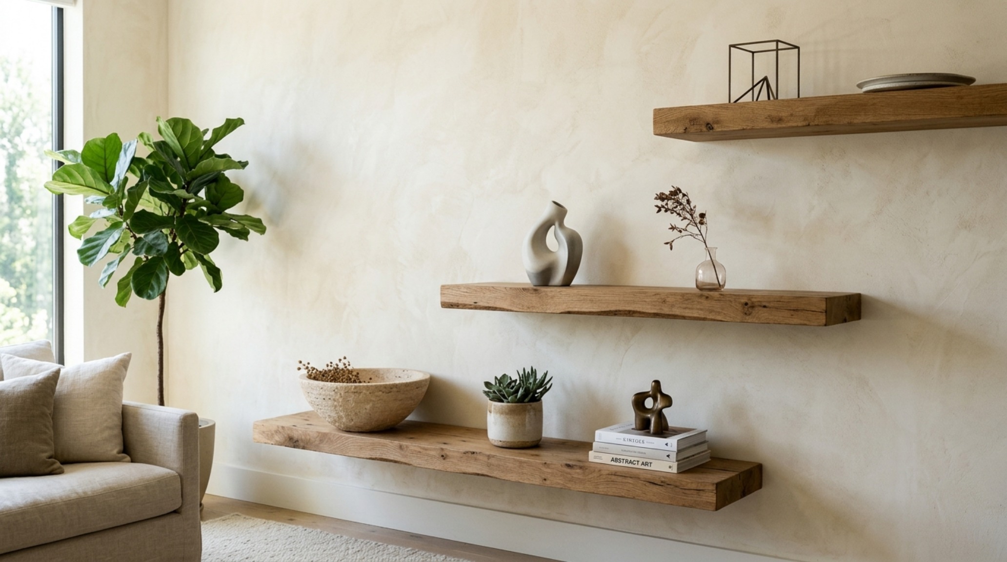 Stylized composition of asymmetrical floating shelves decor on a limewash wall, demonstrating proper negative space and 36-inch architectural walkway clearance.