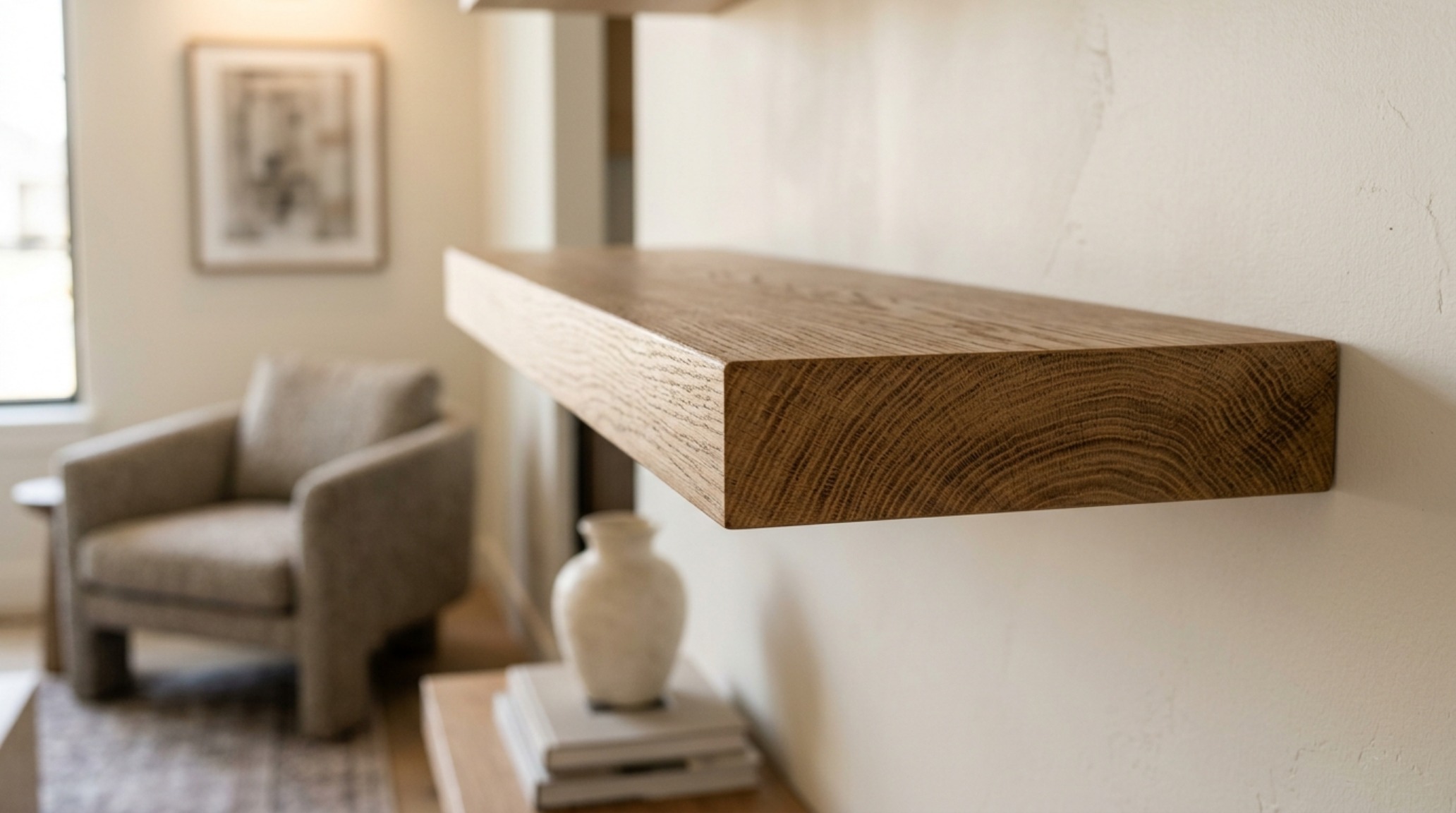 Side profile of custom millwork storage showing the seamless integration of 2.5-inch thick white oak shelves with hidden wall anchors and high CRI lighting.