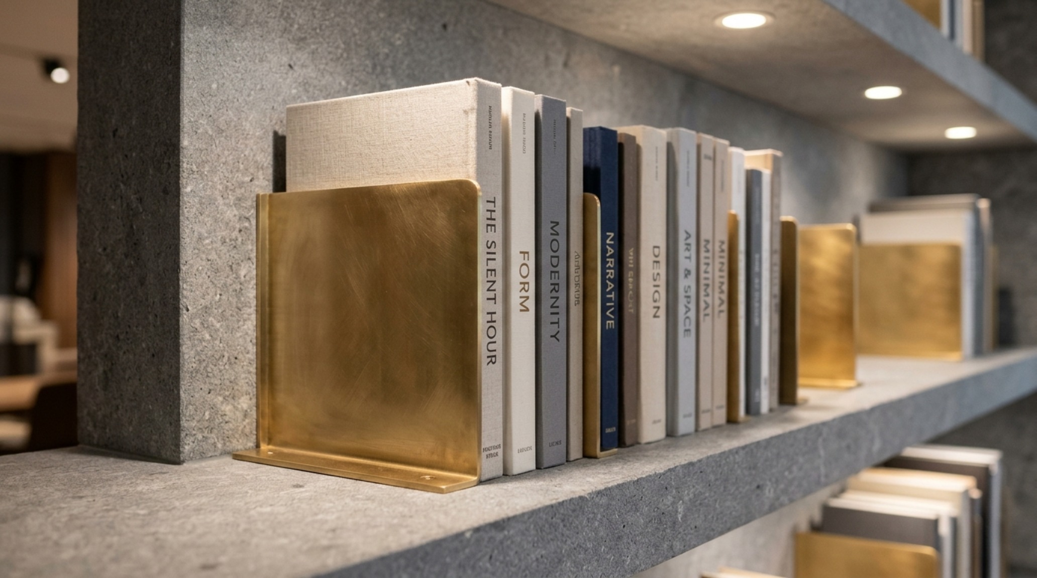 Top-down detail of a honed travertine shelf insert with a brass divider, emphasizing the tactile contrast and organic modern aesthetic of custom bookshelf divider inserts.