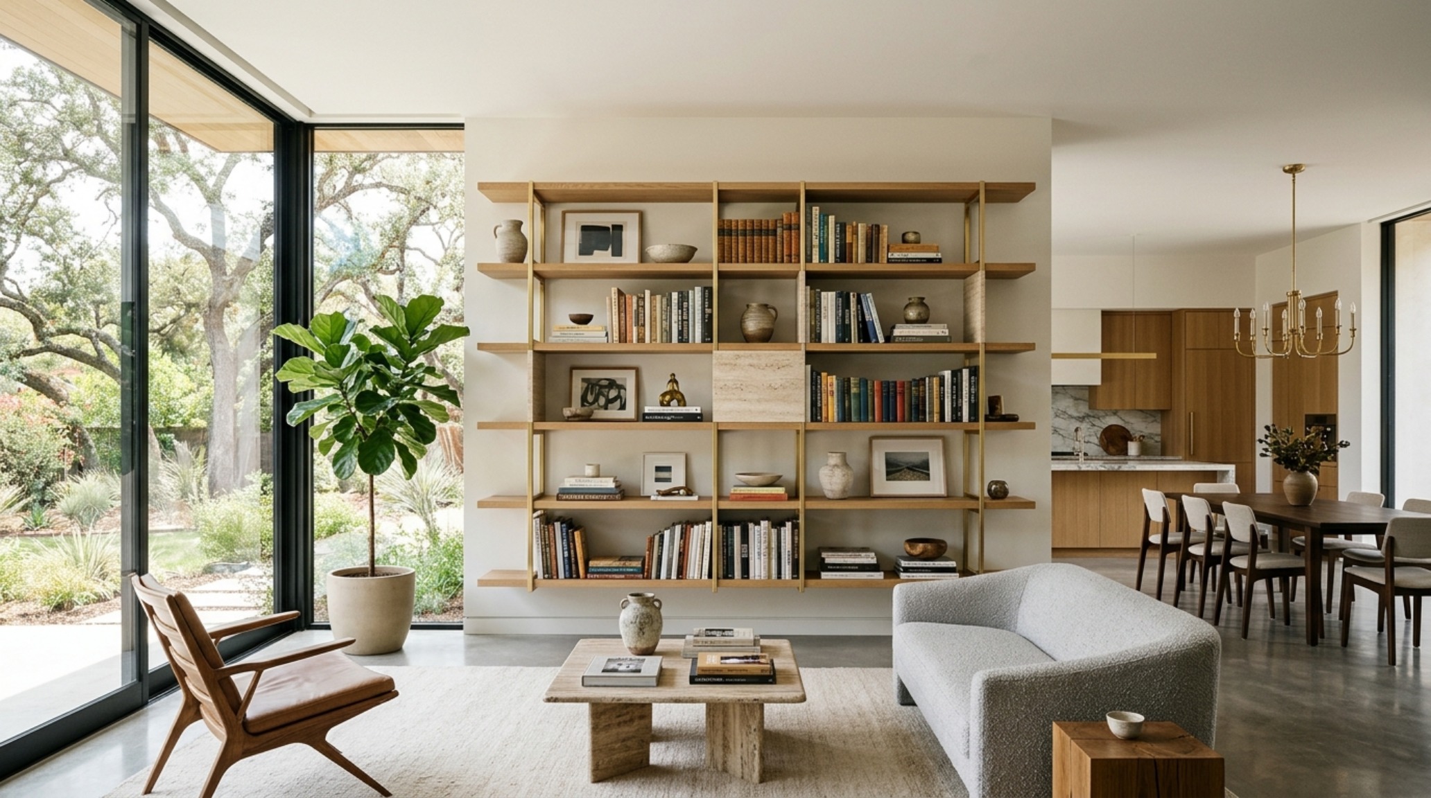 A full-height custom shelving installation used as a spatial zoning furniture piece, separating a cozy reading nook from a primary living area with brushed metal accents.