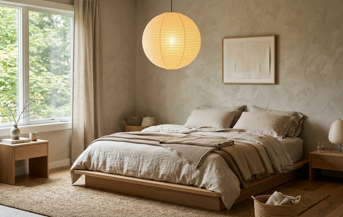 A serene Japandi bedroom featuring a low white oak bed frame, 100% slubby linen bedding, and 2700K amber lighting against a Roman clay wall.