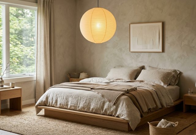 A serene Japandi bedroom featuring a low white oak bed frame, 100% slubby linen bedding, and 2700K amber lighting against a Roman clay wall.