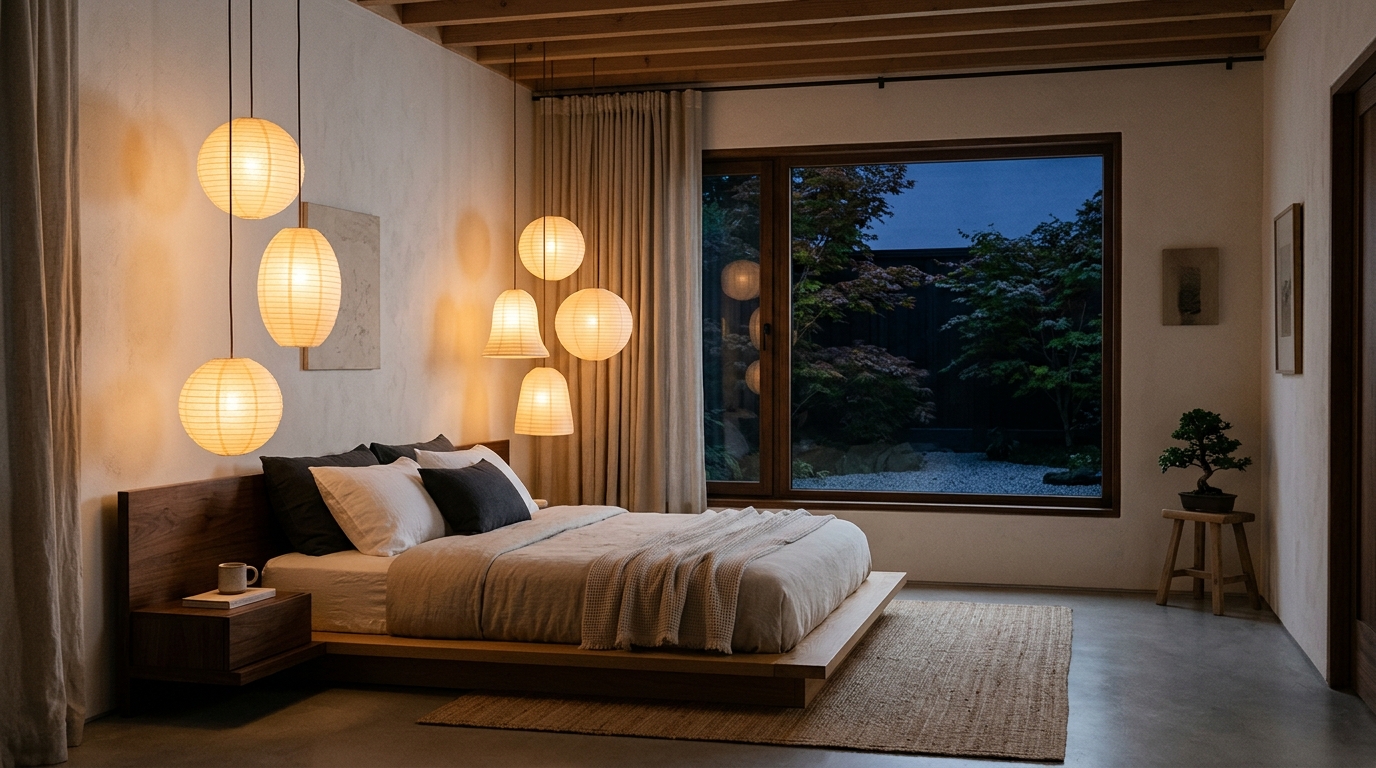 Modern zen bedroom lighting with soft diffused glow from washi paper lamps and natural morning sunlight.