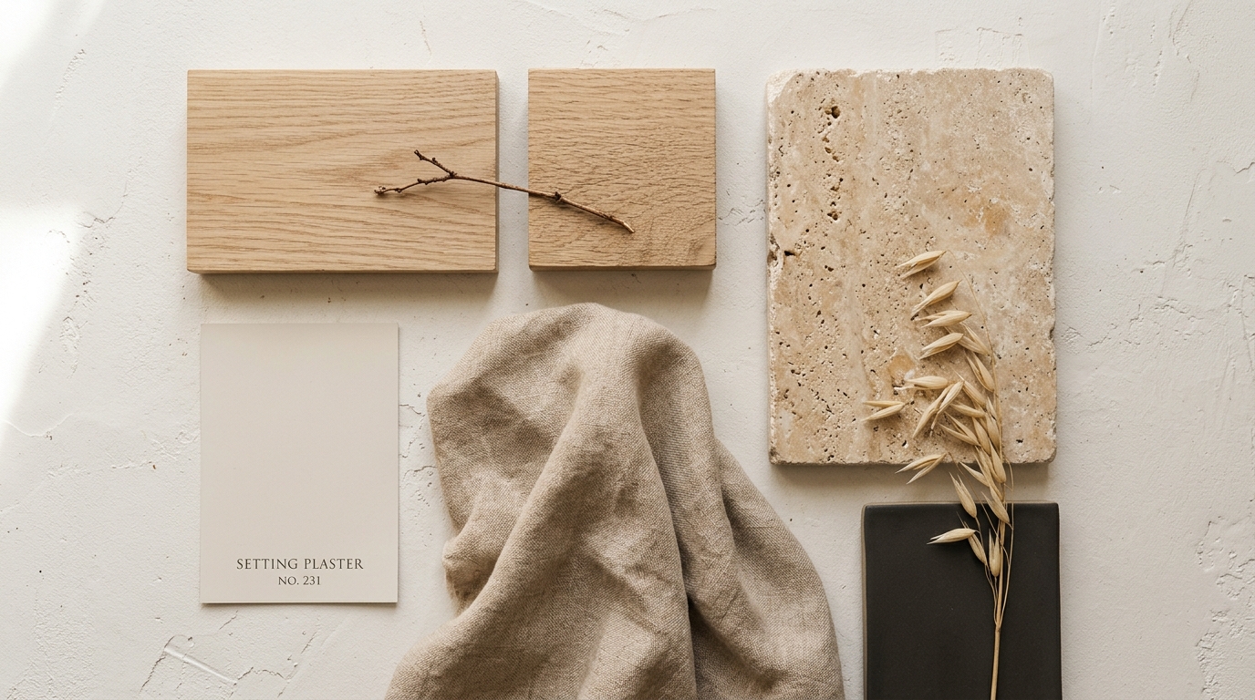 Japandi neutral color palette showcased through layers of oatmeal linen, sand-colored clay, and light oak wood.