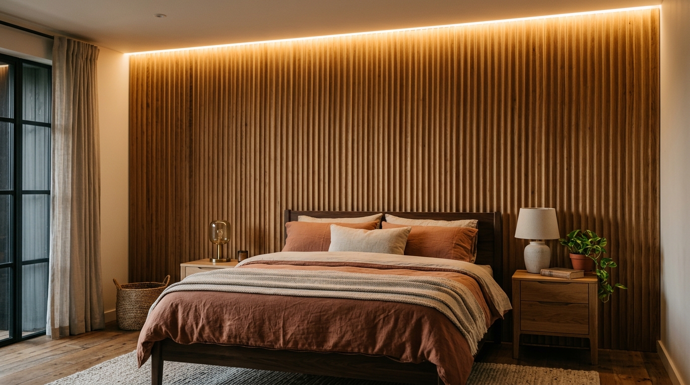 High-CRI 90+ lighting illuminating a textured feature wall in a warm minimalist bedroom.