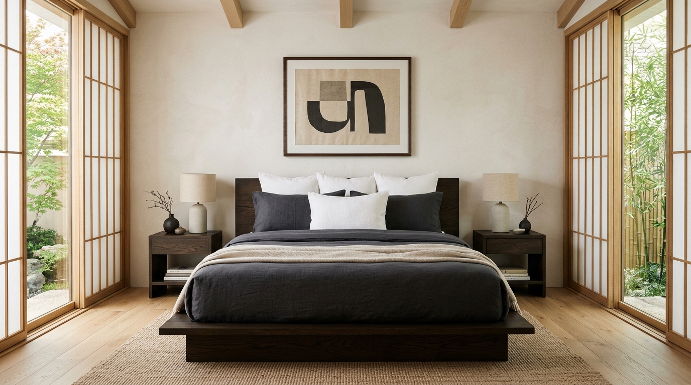 A japandi low bed frame styled with a minimalist organic cotton duvet and oversized wool pillows.