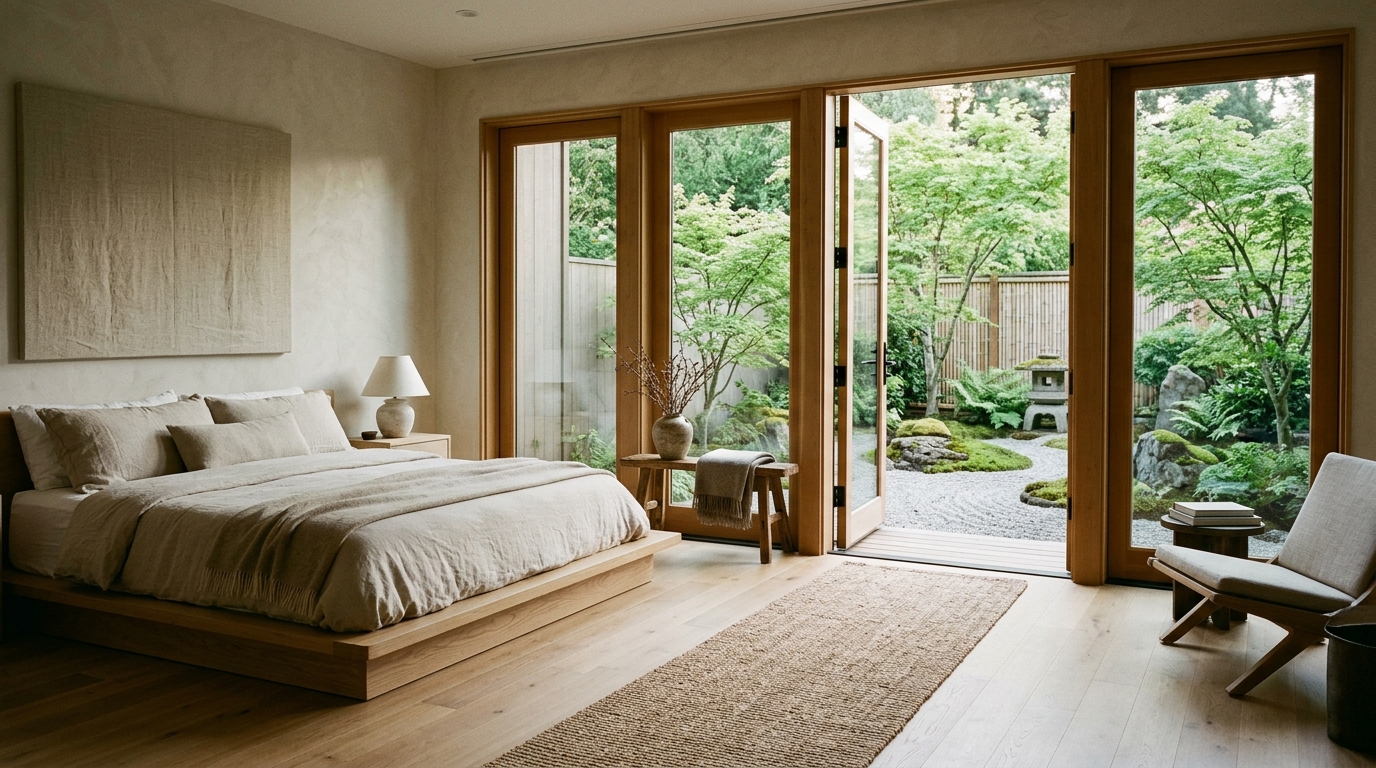 View of a Japanese-inspired bedroom looking toward a large window with a 36-inch clear path for movement.
