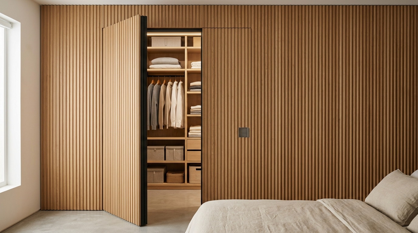 Hidden storage detail in a Japandi bedroom using vertical fluted panels to conceal a minimalist closet.