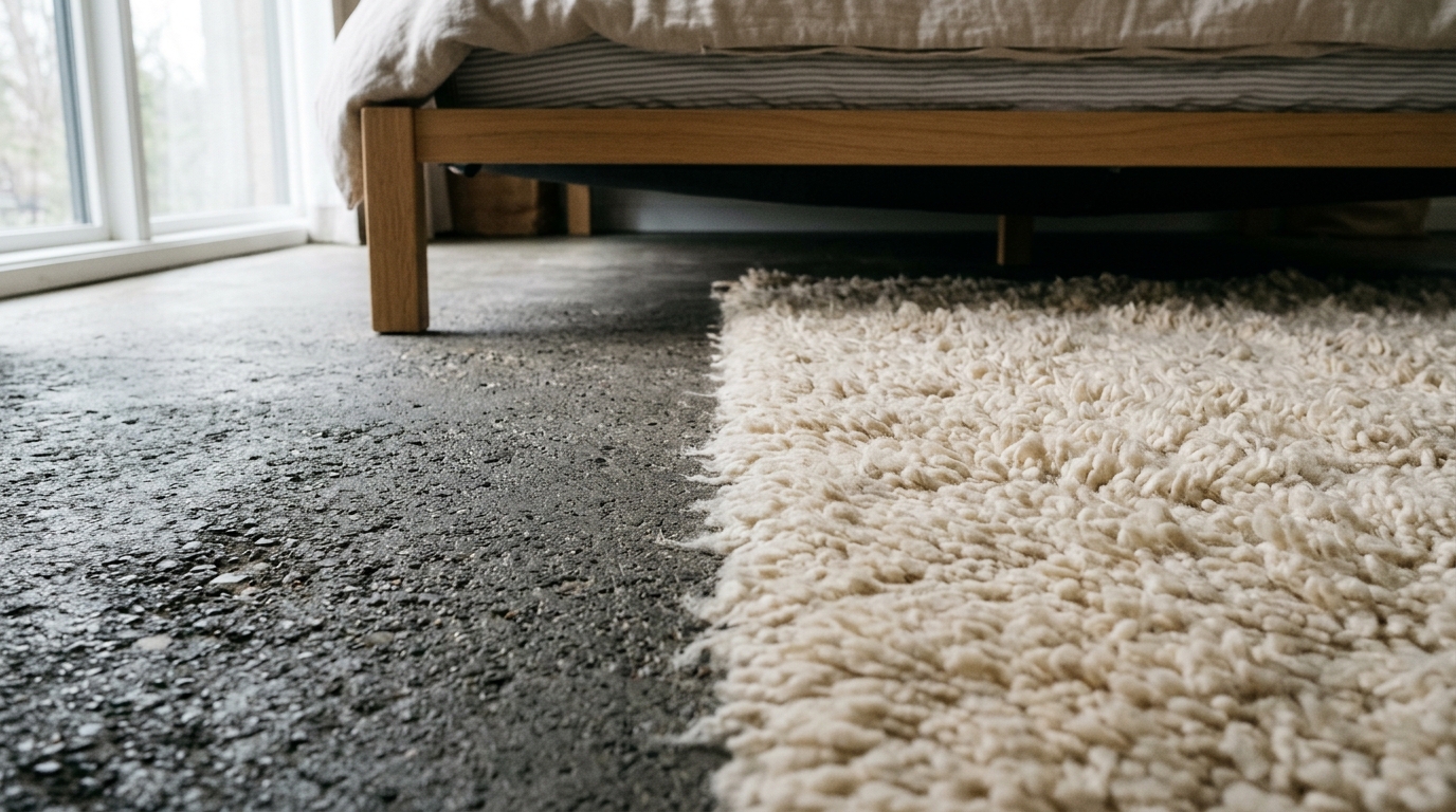 Tactile contrast between a smooth honed stone floor and a plush high-pile wool area rug.
