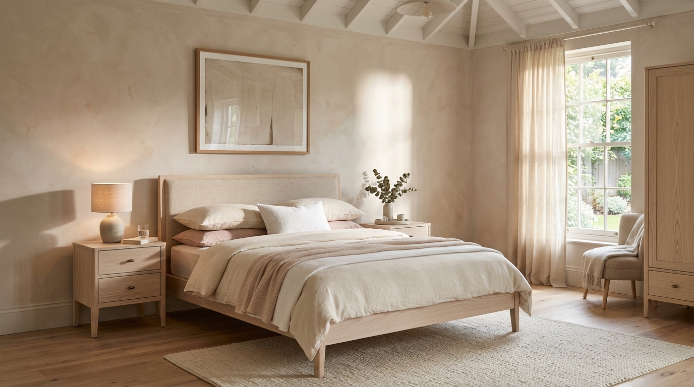 Farrow & Ball Setting Plaster walls providing a warm pink-undertone backdrop for dark oak bedroom furniture.