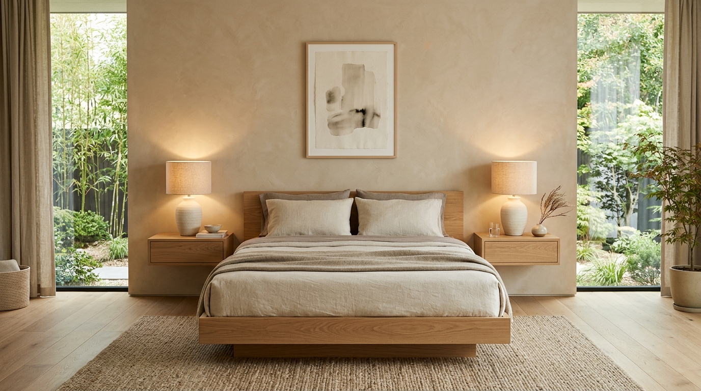 Symmetry and negative space in a Japandi bedroom design with floating bedside tables and linear architecture.