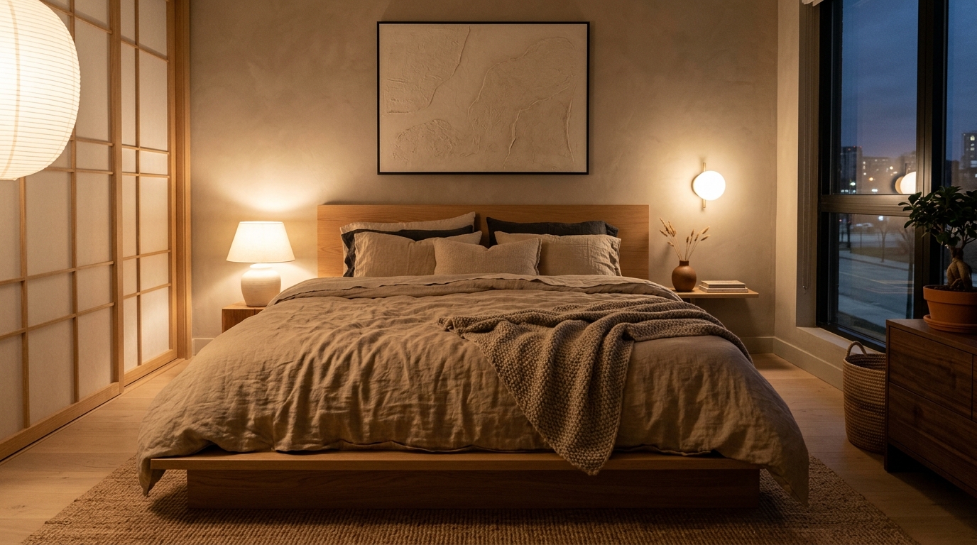 Evening ambiance in a Japandi sanctuary with 2700K lighting creating a meditative and restful atmosphere.