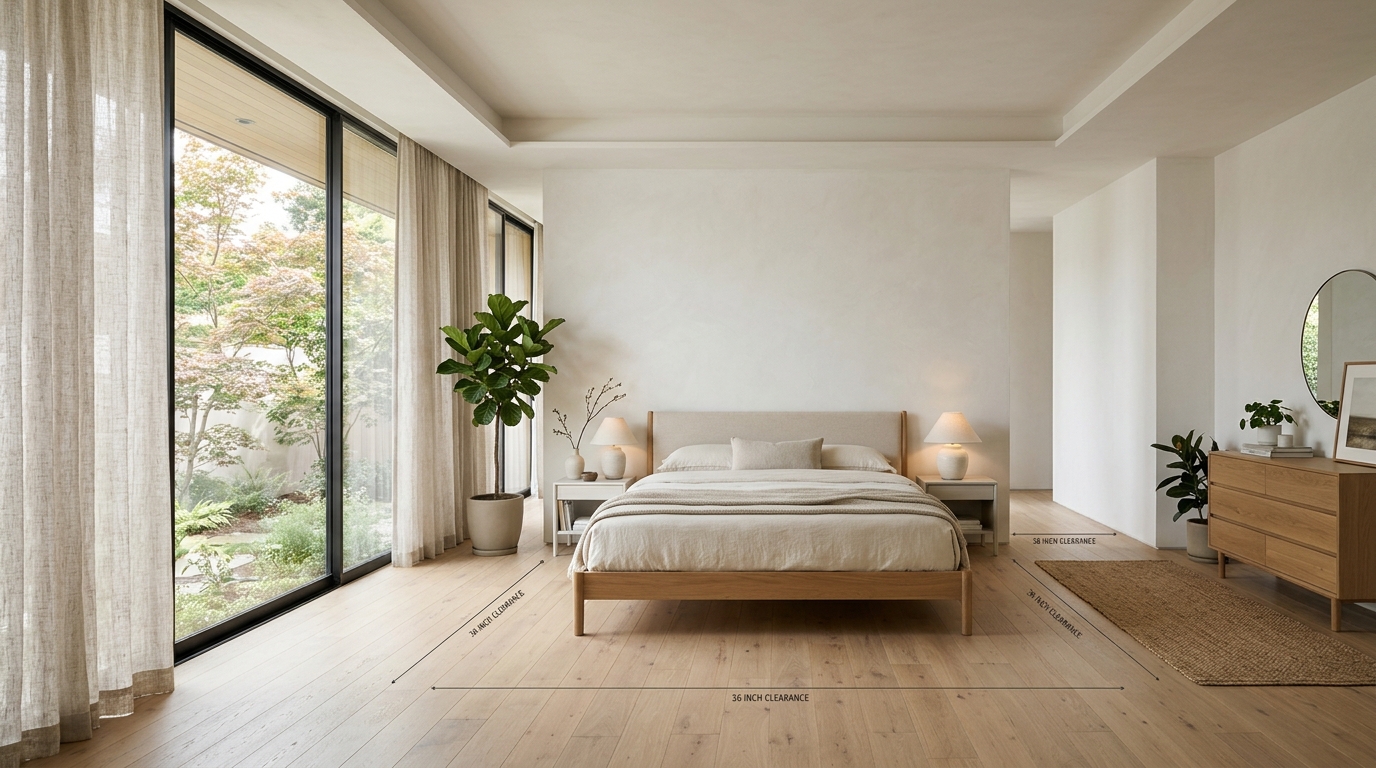 Architectural view of a minimalist bedroom layout with 36-inch walkway clearances and a low-altitude Japanese aesthetic.