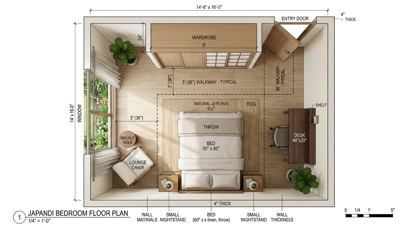 Top-down view of a Japandi bedroom layout emphasizing ergonomic clearances and low-profile furniture arrangement.