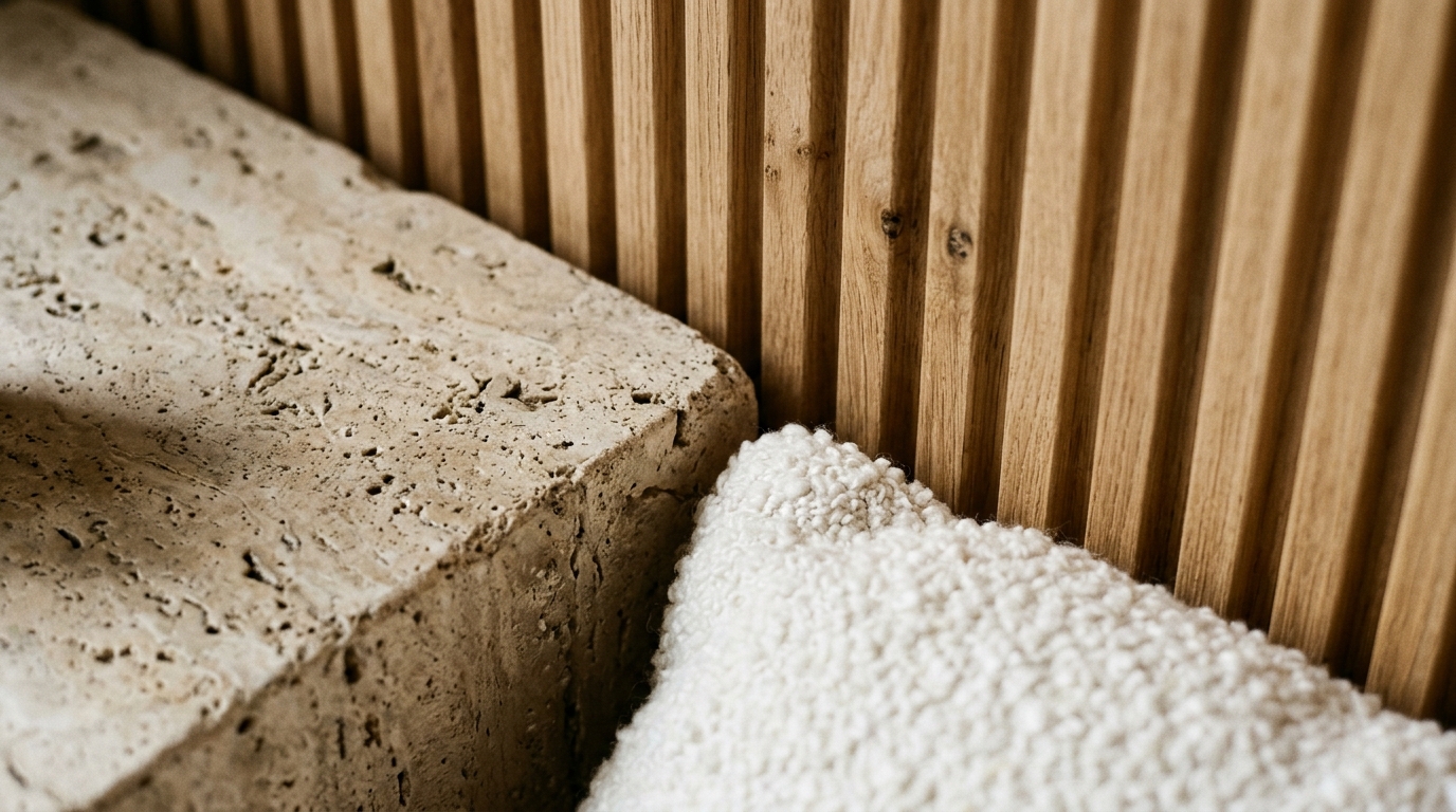 Close-up detail of tactile materials including a rough travertine nightstand, fluted oak, and a heavy bouclé throw blanket.