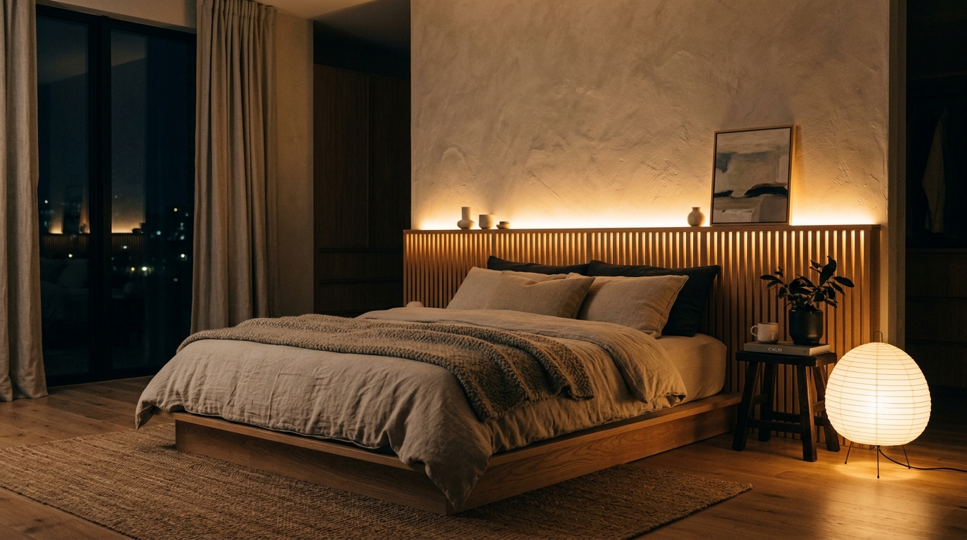 A warm 2700K lighting scheme in a Japandi bedroom featuring an Akari paper pendant and hidden LED cove lighting.
