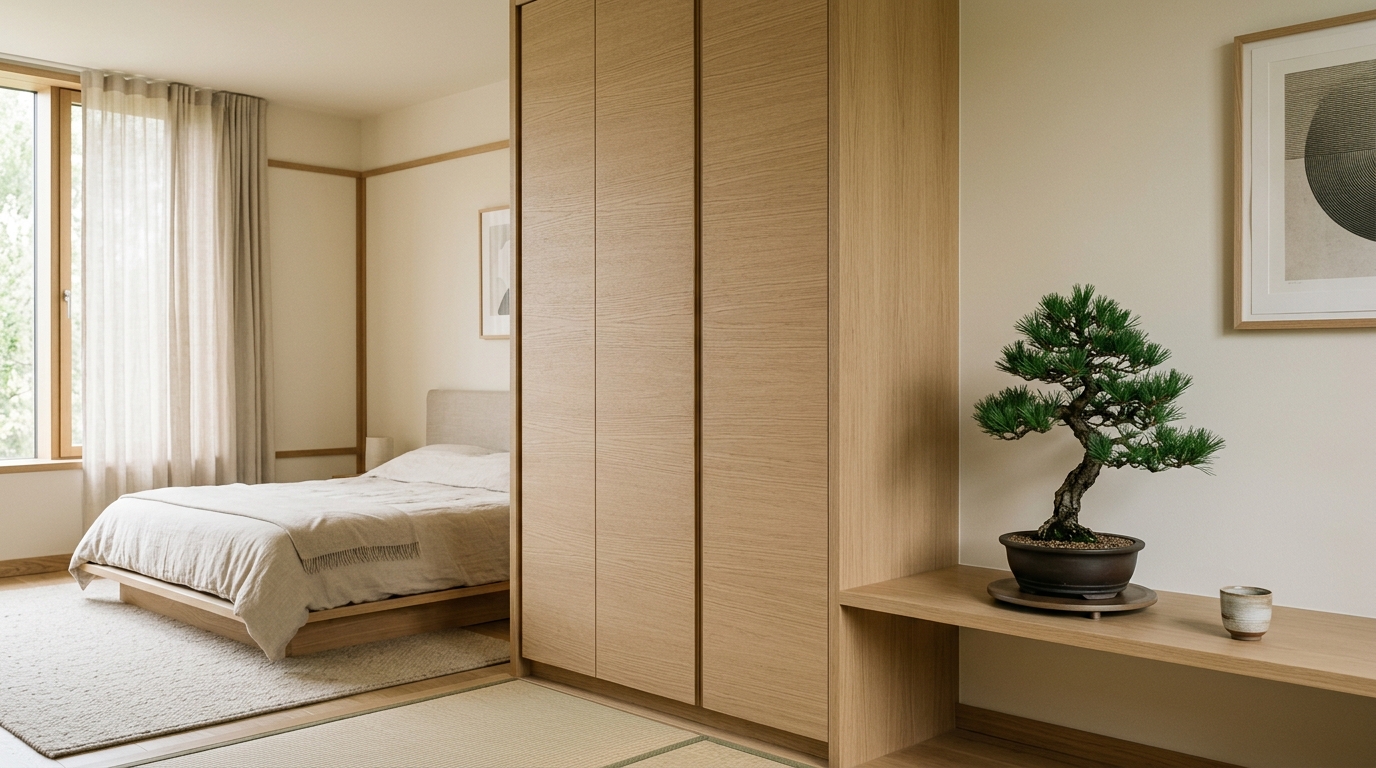 Functional Japandi storage solutions showing handle-less oak wardrobes integrated seamlessly into a limewash wall.