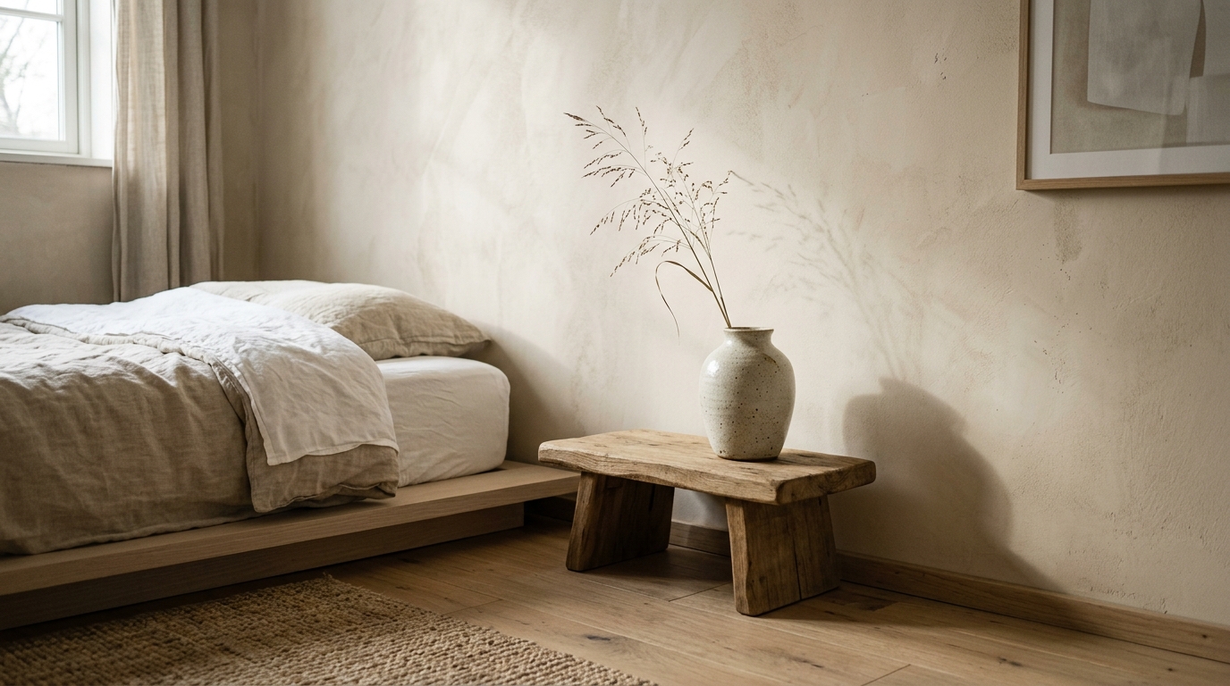 Minimalist Japandi bedroom decor with a single piece of organic pottery on a reclaimed wood stool.