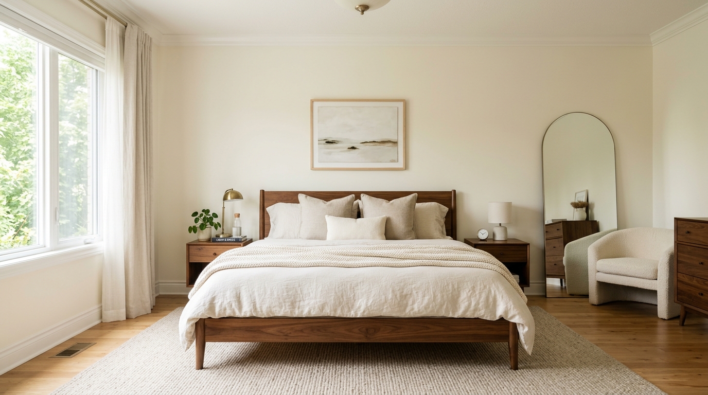 Master bedroom featuring Benjamin Moore Swiss Coffee walls and a low-profile walnut bed frame.