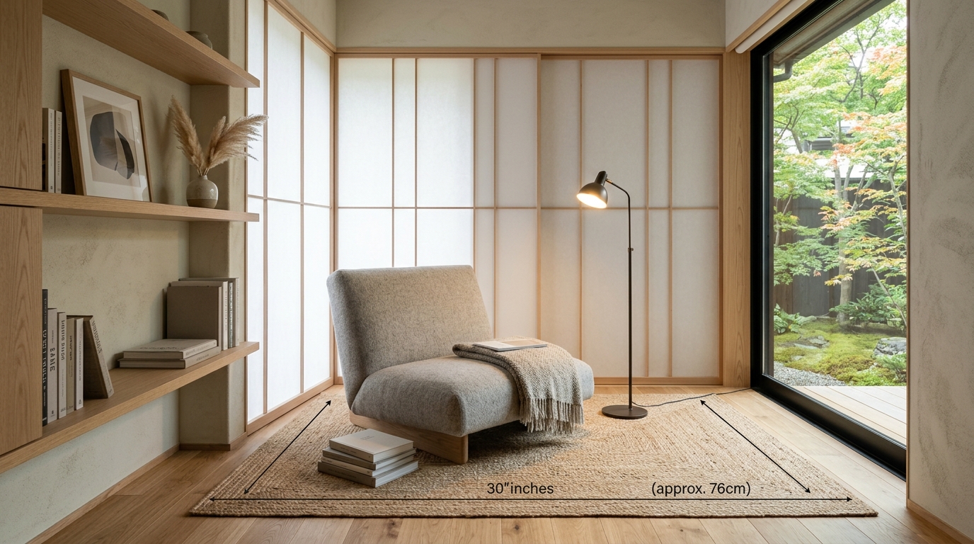 Cozy reading nook in a Japandi style bedroom with 30-inch chair clearance and a matte black swing-arm lamp.