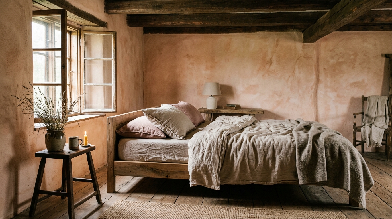 A wabi sabi bedroom style featuring uneven plaster walls and vintage Japanese textile accents.