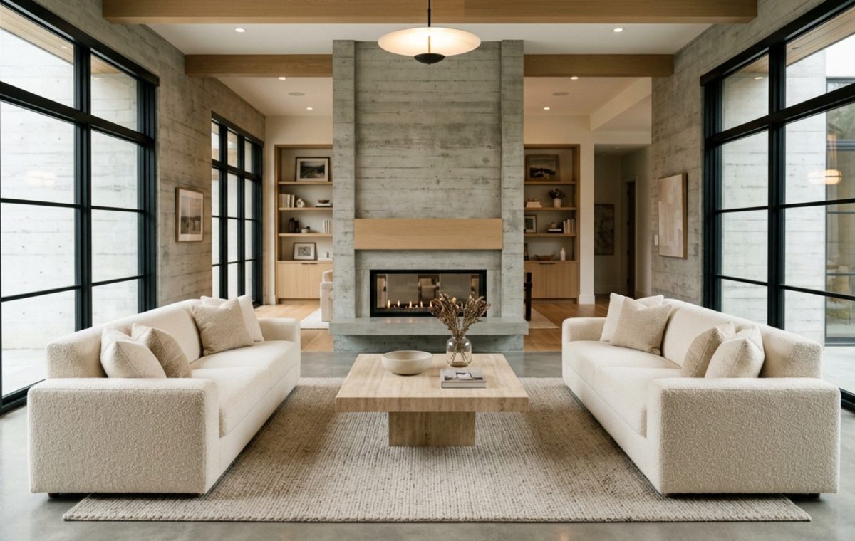 Architectural symmetry in modern residential design featuring mirrored cream boucle sofas and a central honed travertine coffee table in a sun-drenched living room.
