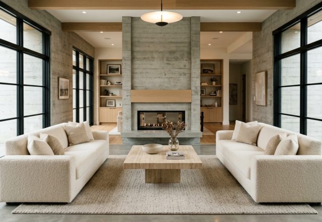 Architectural symmetry in modern residential design featuring mirrored cream boucle sofas and a central honed travertine coffee table in a sun-drenched living room.