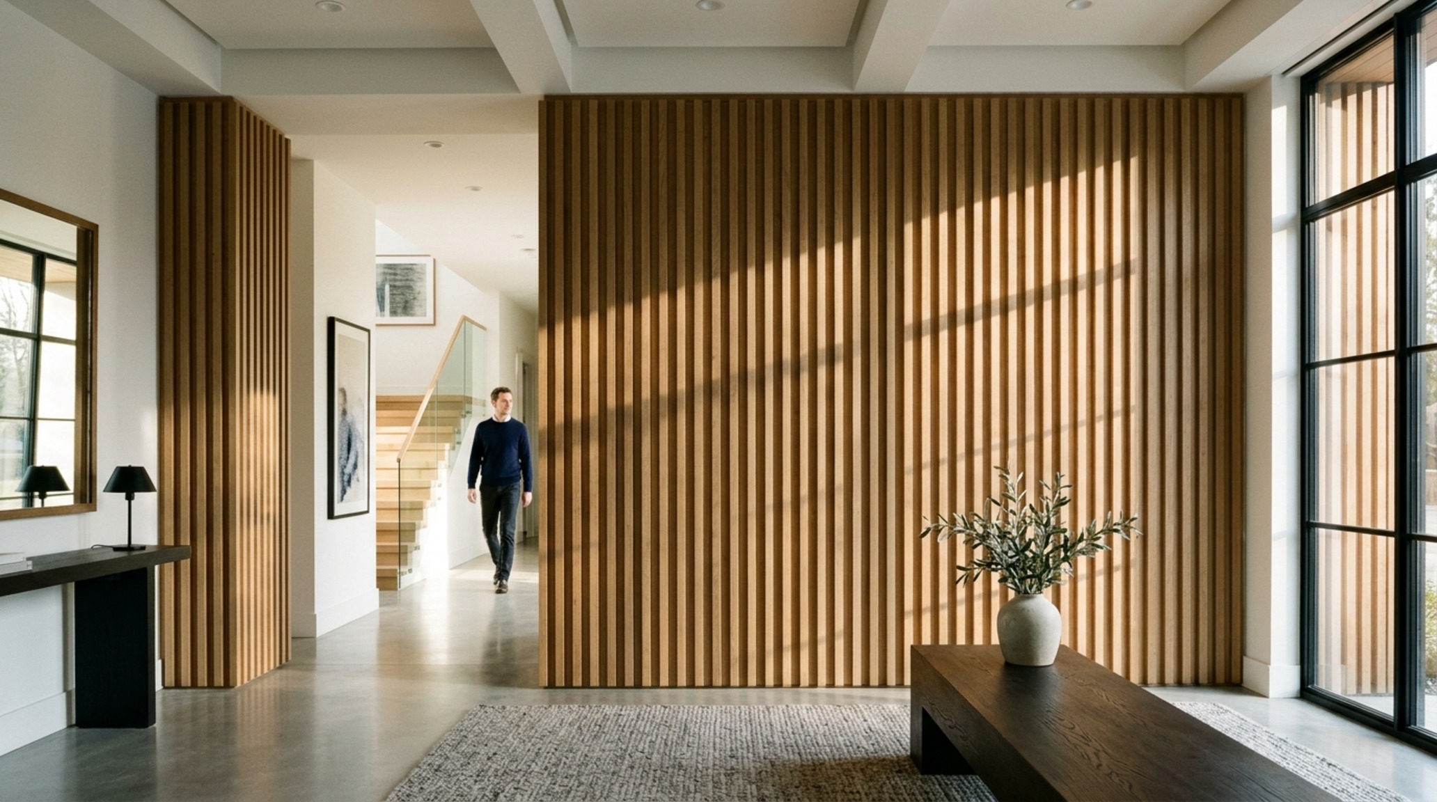 Doric columns in contemporary homes reimagined as minimalist fluted oak wall panels framing a high-ceilinged entryway with soft directional lighting.