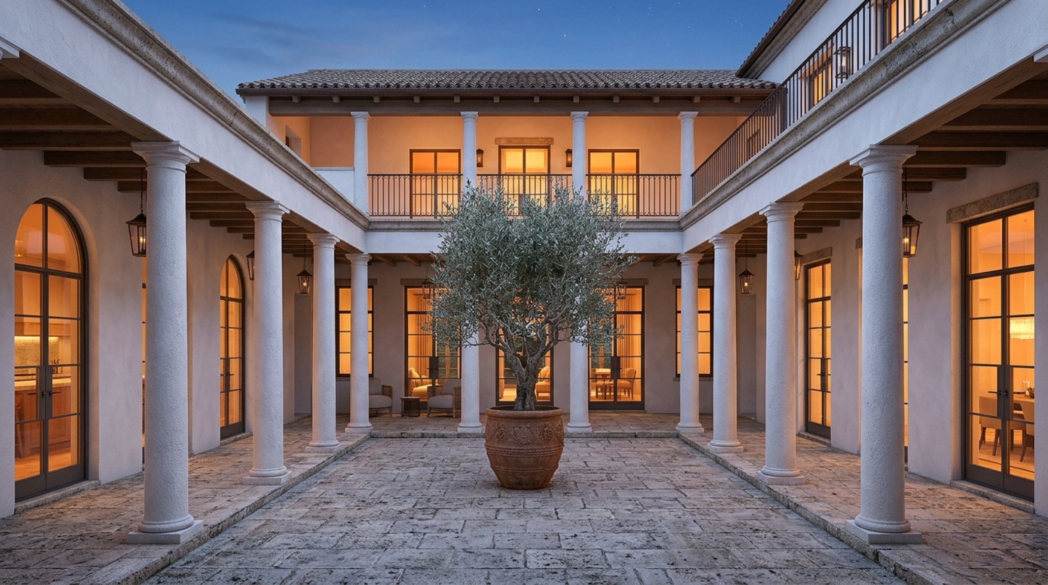 Modern greek revival house plans showcasing a central peristyle courtyard with limestone flooring and white lime-washed walls at twilight.