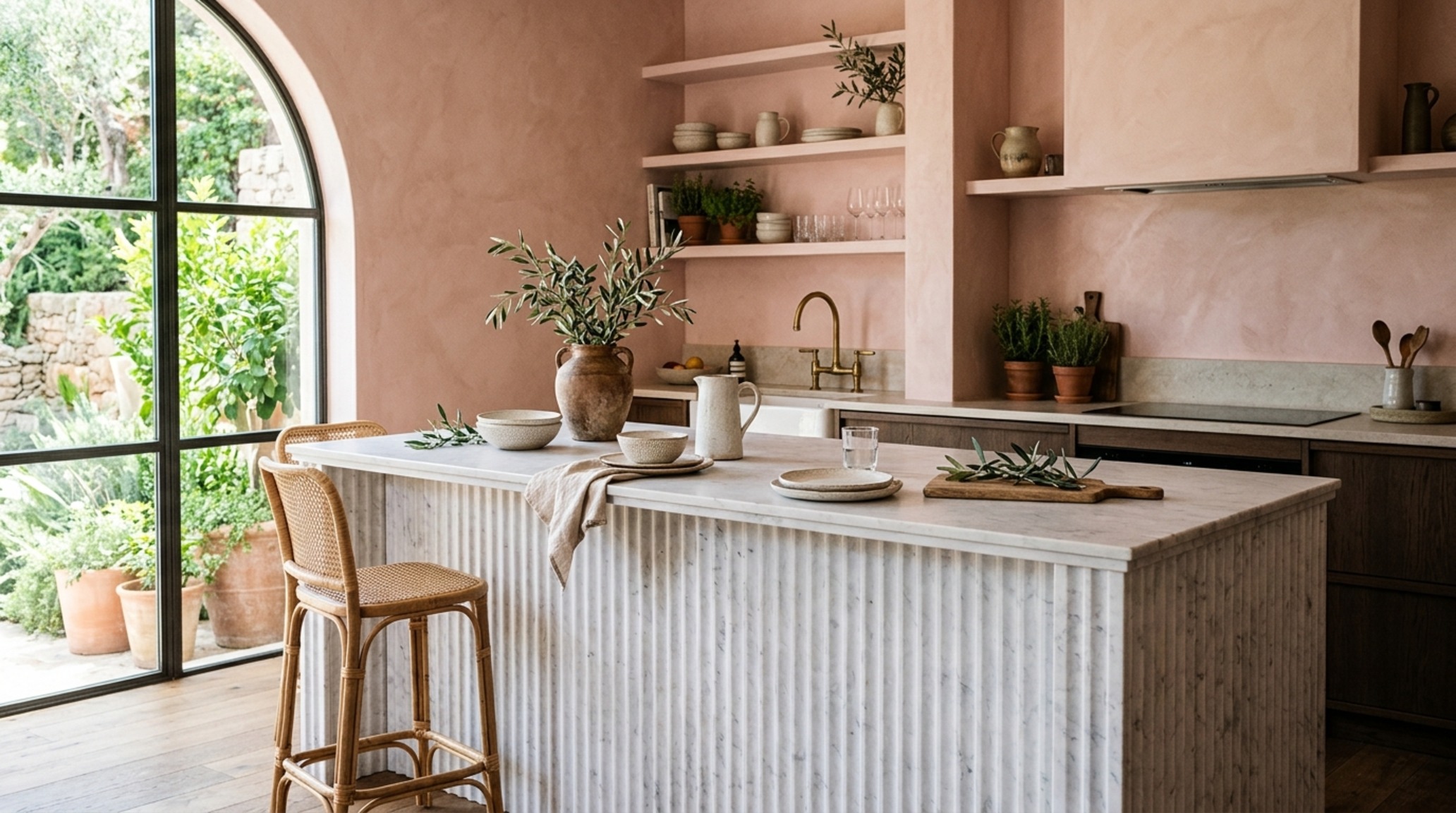 Contemporary mediterranean architectural trends highlighted in a kitchen with a fluted marble island and aged brass hardware against a warm plaster backdrop.