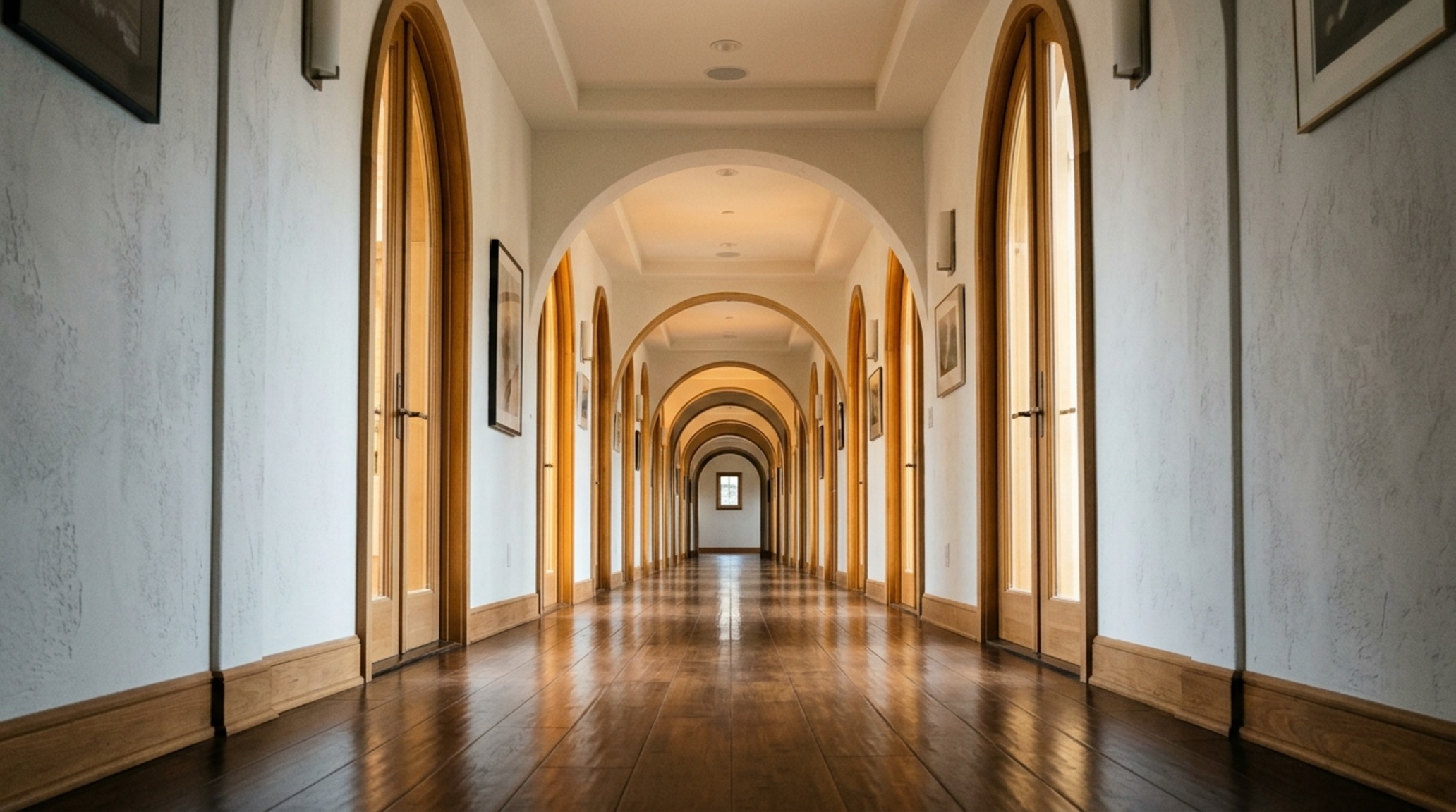 Architectural symmetry in modern residential design visualized through a long hallway with arched openings and perfectly aligned sightlines toward a garden.