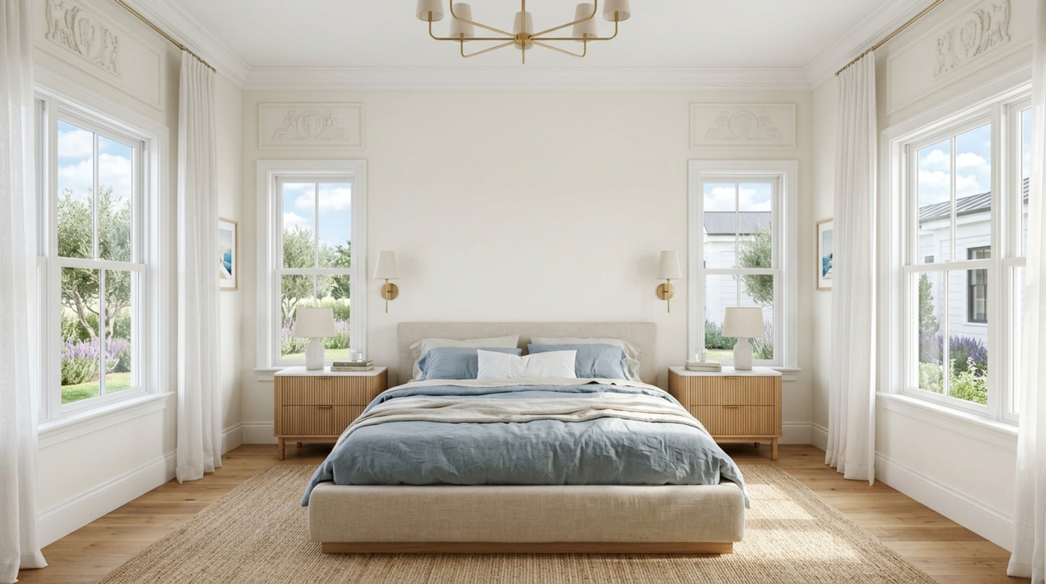 Modern greek revival house plans displaying an expansive primary suite with a deep-set window seat and tactile linen drapery in Aegean blue.