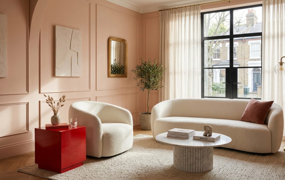 Luxury living room color schemes featuring Farrow & Ball Setting Plaster walls, a warm alabaster sofa, and a striking high-gloss red accent chair in an updated deco setting.